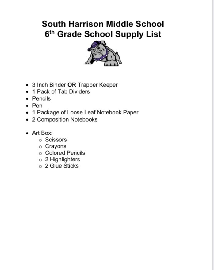 School Supply List 6th Grade